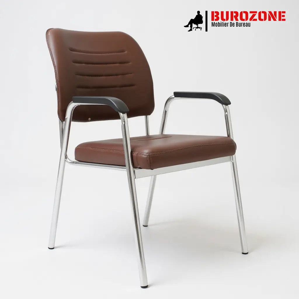 [9006D1BR] Chaise visiteur rembourrée brune à piètement luge chromé