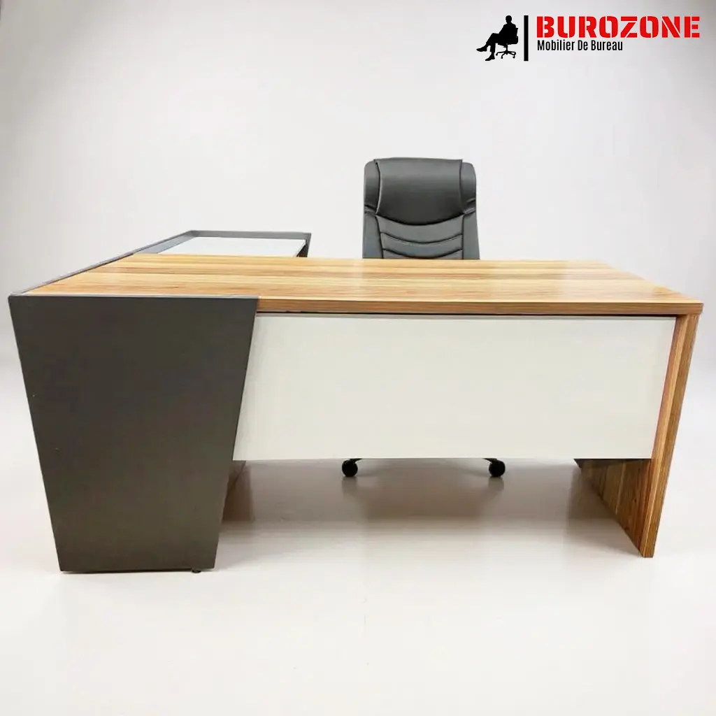 Bureau directeur avec retour marron/blanc,  180*150*75cm