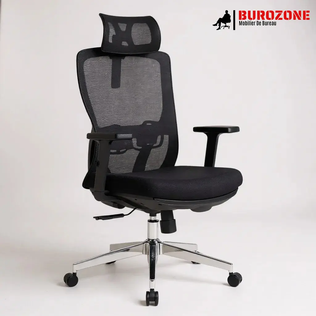 [T940N3E] Fauteuil ergonomique agent/directeur en maille noire avec appui-tête