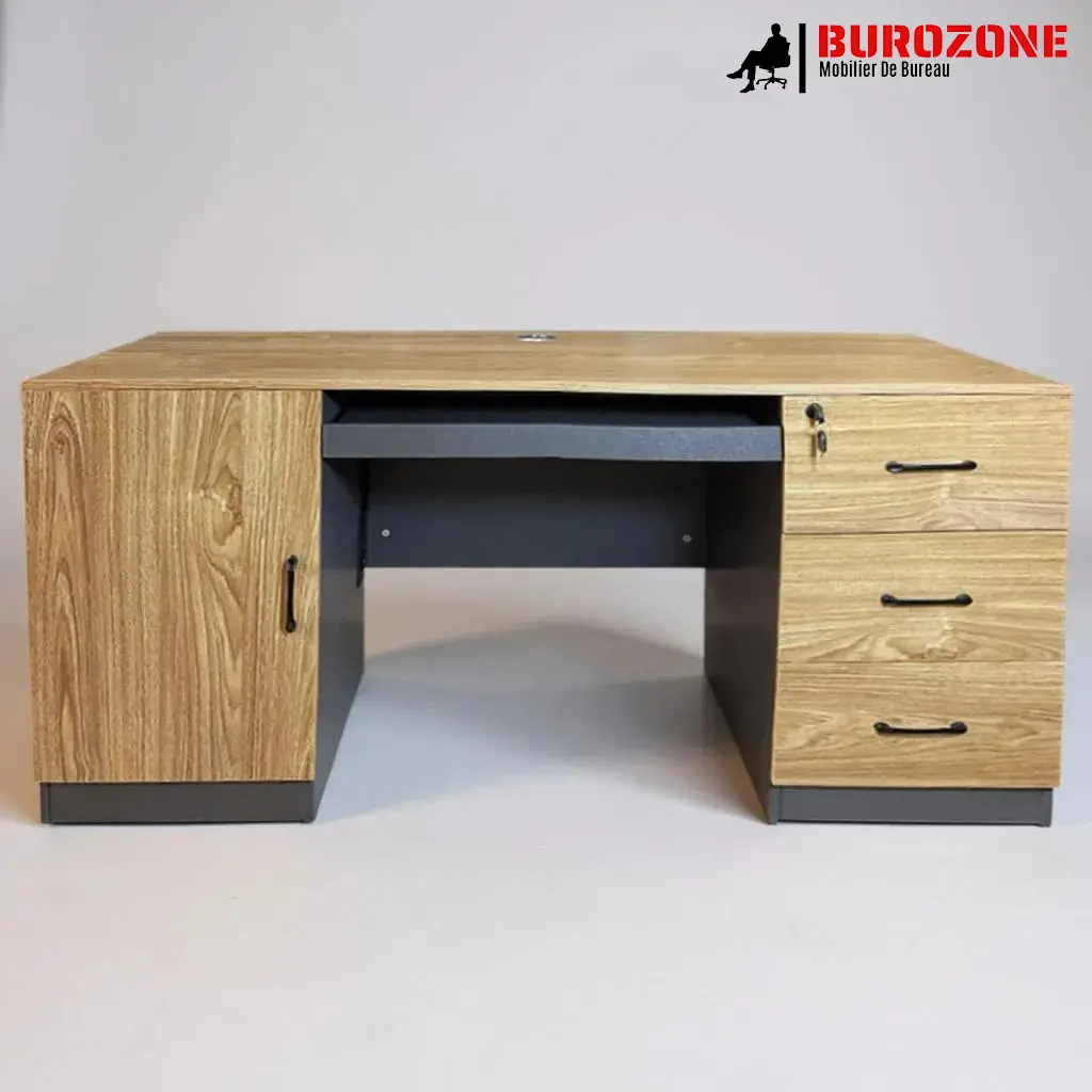 [FD-072-14] Bureau agent marron clair + 3 tiroirs + un battant - 140*60*75cm