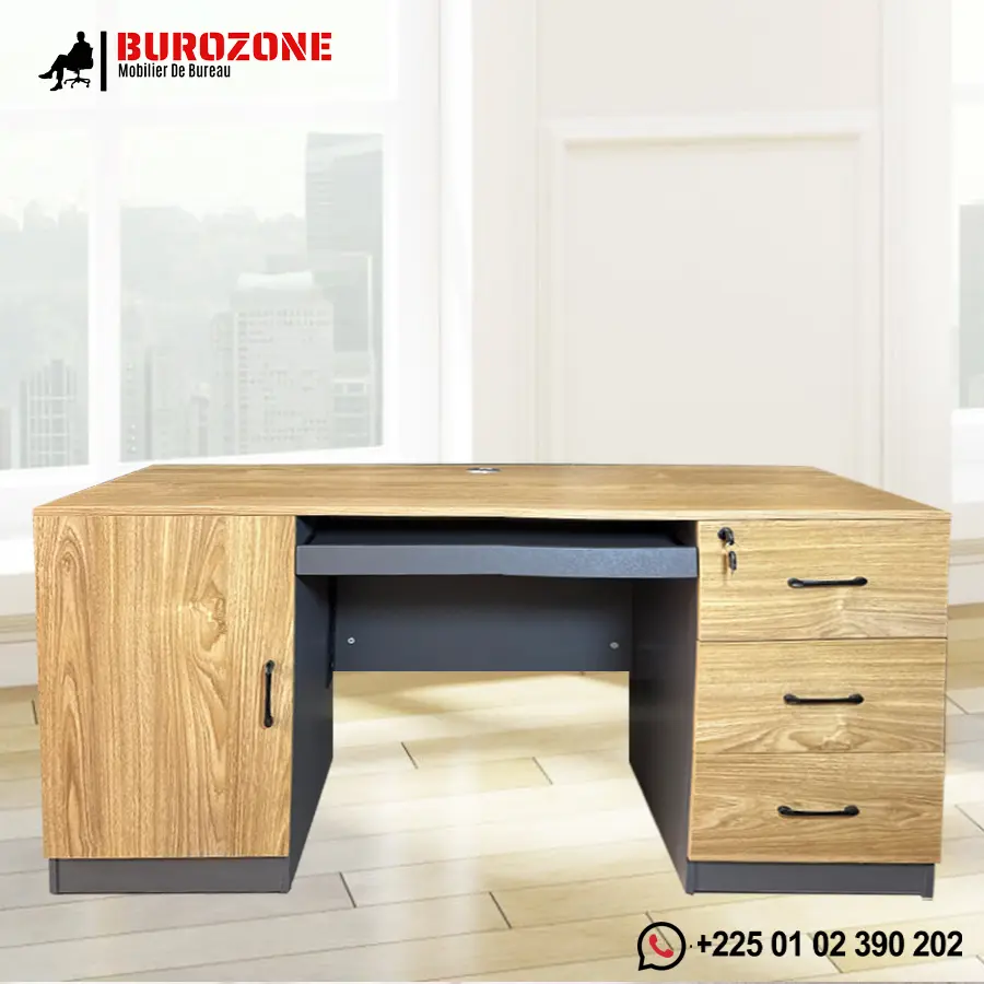 Bureau agent marron clair 3 tiroirs + un battant - 140*60*75cm