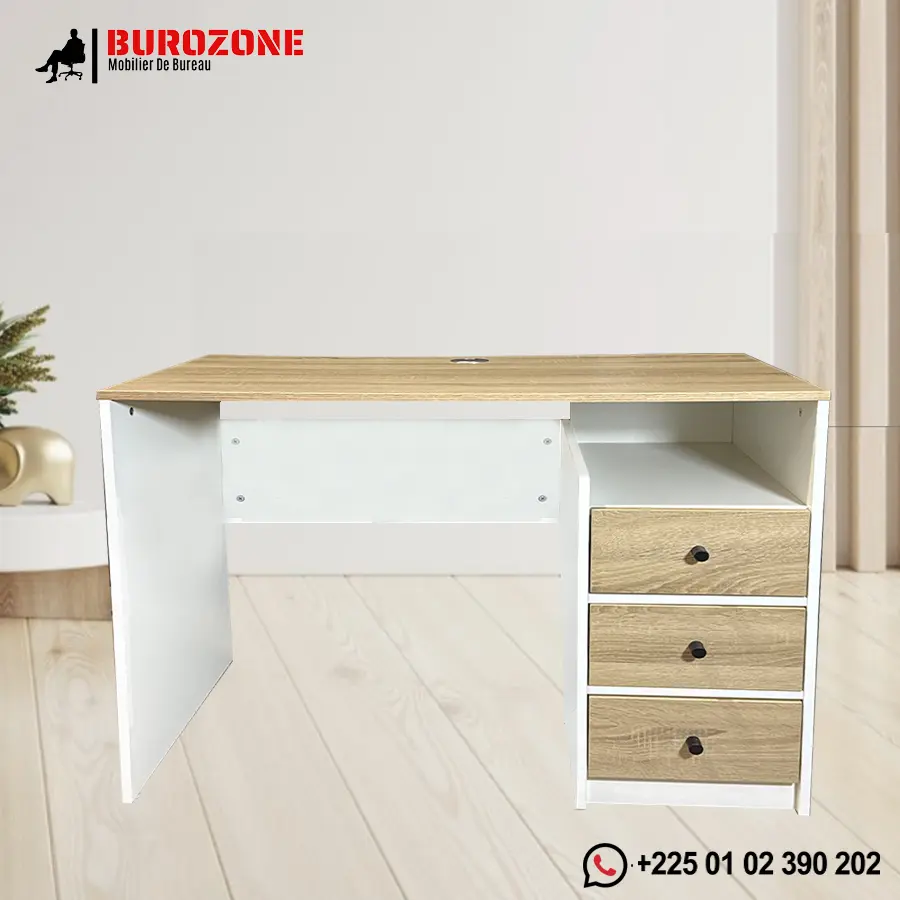 Bureau ordinateur beige/blanc  + trois tiroirs - 100*55*75cm