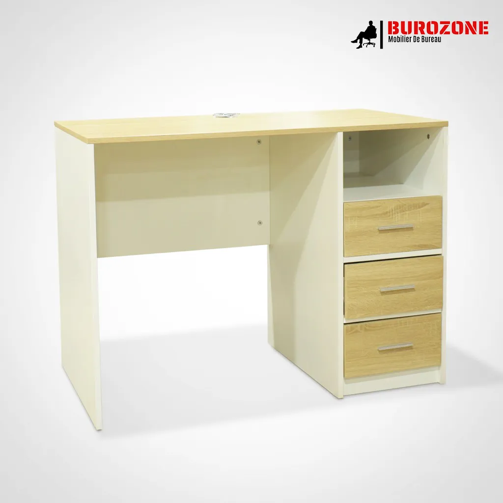 Bureau agent beige et bois clair avec 3 tiroirs, 100 × 55 × 75 cm