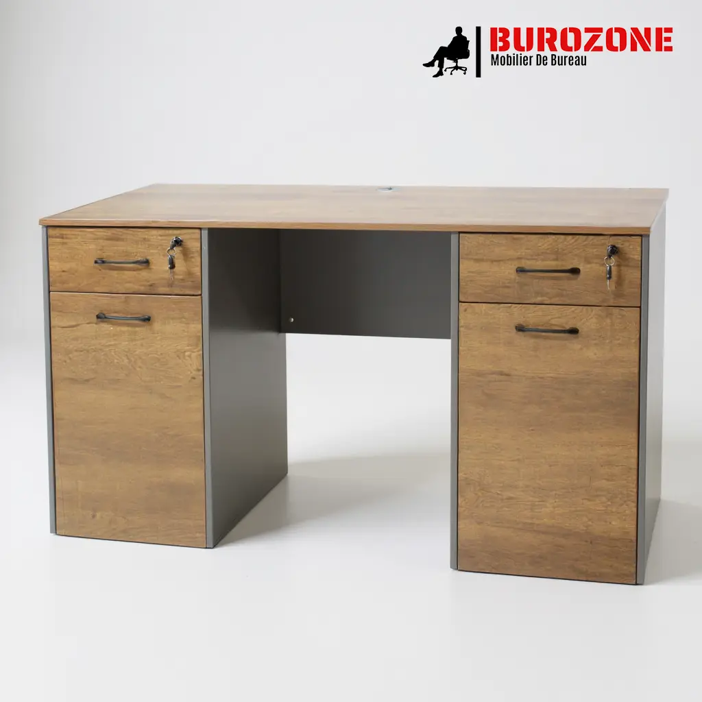 Bureau agent marron clair + 2 tiroirs + 2 battant - 140*60*75cm