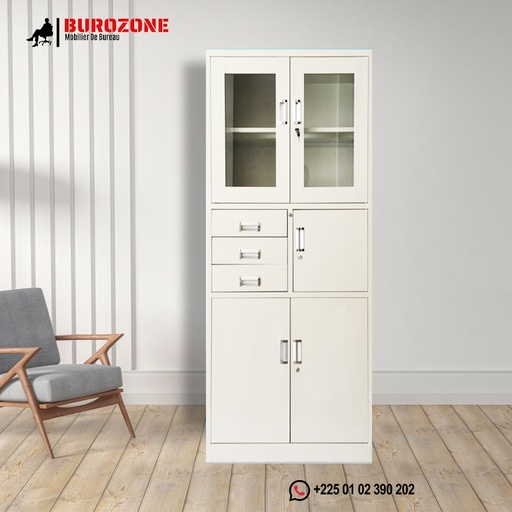 [PM-03] Placard metallique 2 battants semi vitree + 3 tiroirs 180*85*39cm